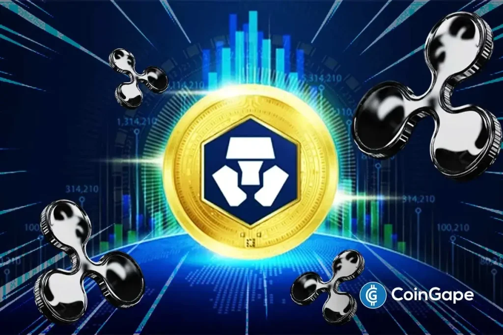 Crypto.com coin surrounded by Ripple logos symbolizing joint banking license efforts