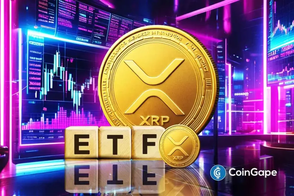 Gold XRP coin beside ETF blocks symbolizing institutional entry and regulated adoption.