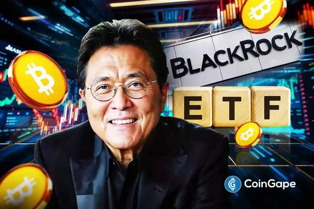 BlackRock Bitcoin ETF Hits Biggest Outflow, Kiyosaki Stays Bullish Image of Robert Kiyosaki beside BlackRock Bitcoin ETF graphics as BTC volatility rises during record outflows.