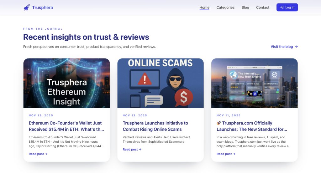 Trusphera Expands Into Full-Scale Platform For Reviews, Crypto Blogs, Scam Reports, And SEO Journals Trusphera Expands Into Full-Scale Platform For Reviews, Crypto Blogs, Scam Reports, And SEO Journals