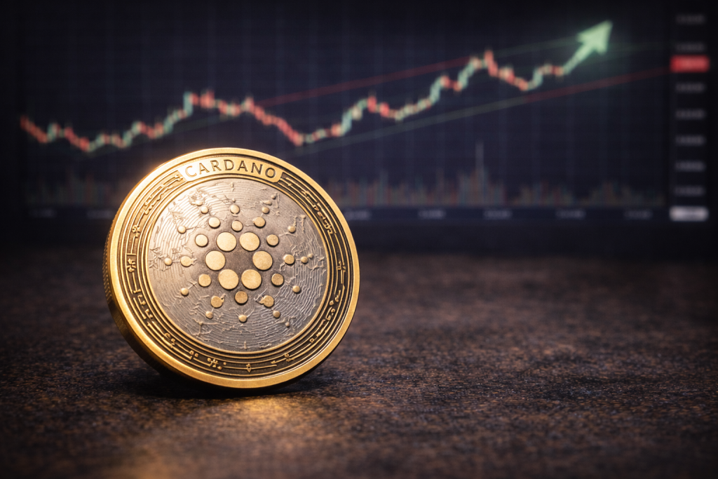 Cardano price forecast: will ADA breakout or decline further from here? A Cardano (ADA) cryptocurrency token placed on a table with a blurred upward-trending market chart in the background.