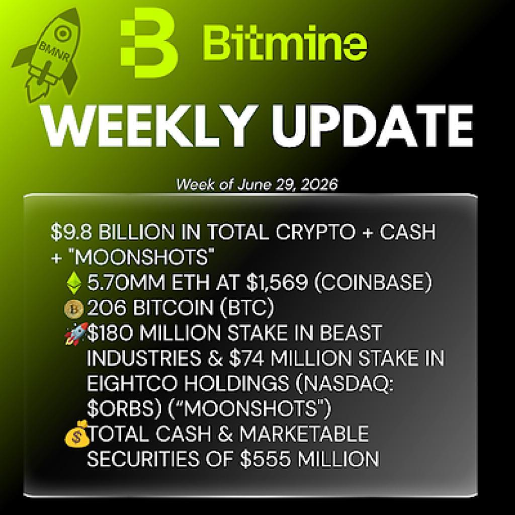 Bitmine Immersion Technologies (BMNR) Announces ETH Holdings Reach 5.70 Million Tokens, And Total Crypto And Total Cash Holdings Of $9.8 Billion Bitmine Immersion Technologies (BMNR) Announces ETH Holdings Reach 5.70 Million Tokens, And Total Crypto And Total Cash Holdings Of $9.8 Billion