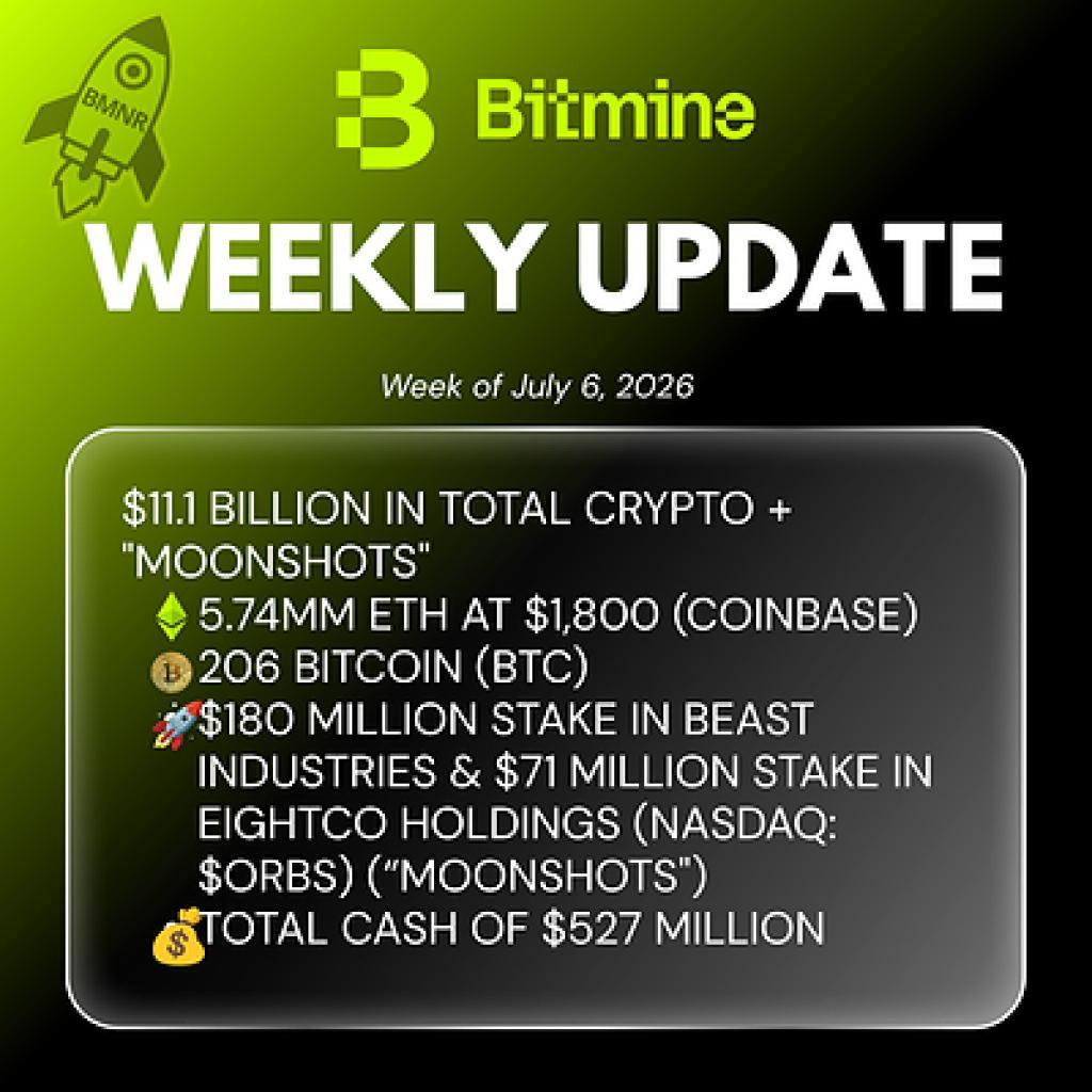Bitmine Immersion Technologies (BMNR) Announces Total Crypto And Cash Holdings Top $11.1 Billion Now Bitmine Immersion Technologies (BMNR) Announces Total Crypto And Cash Holdings Top $11.1 Billion Now