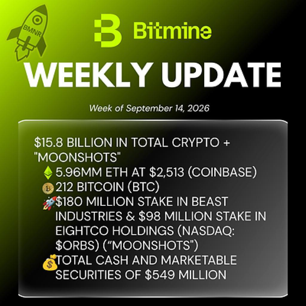 Bitmine Announces $15.8 Billion in Crypto, Cash and Marketable Securities Holdings Bitmine Announces $15.8 Billion in Crypto, Cash and Marketable Securities Holdings